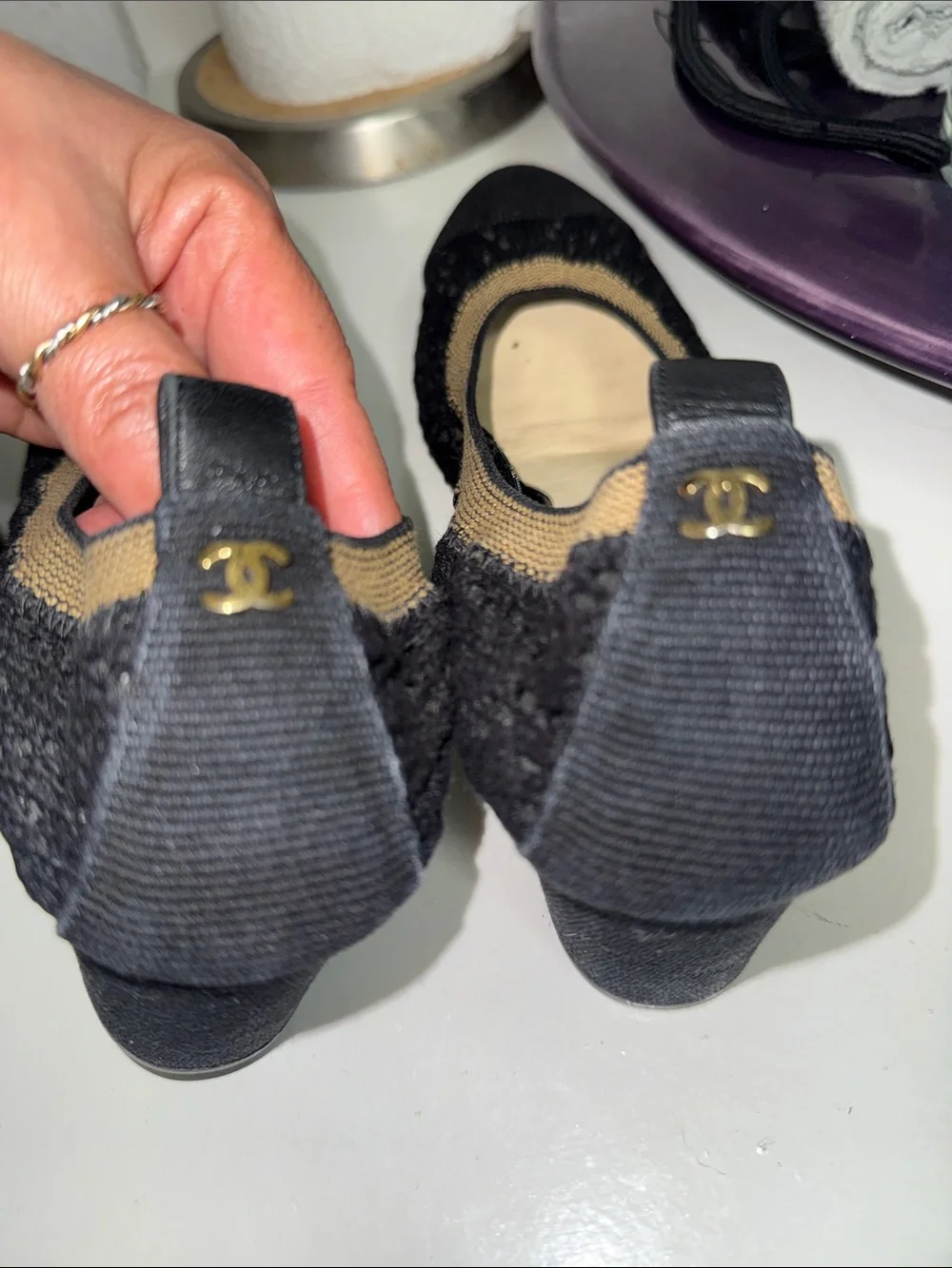 AUTHENTIC Chanel Black Lace Ballet Flats with Gold Accent - Women's Shoes